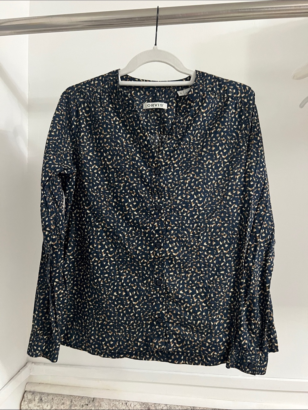 Orvis Navy Blue Printed Button-Front Blouse with Cream Accents